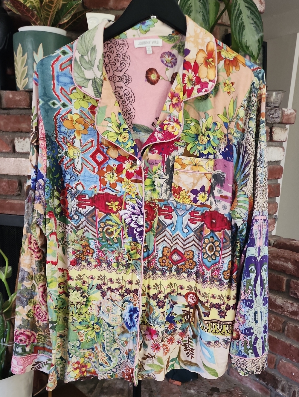 Johnny Was XL Floral Patchwork Button Front Pajama Blouse